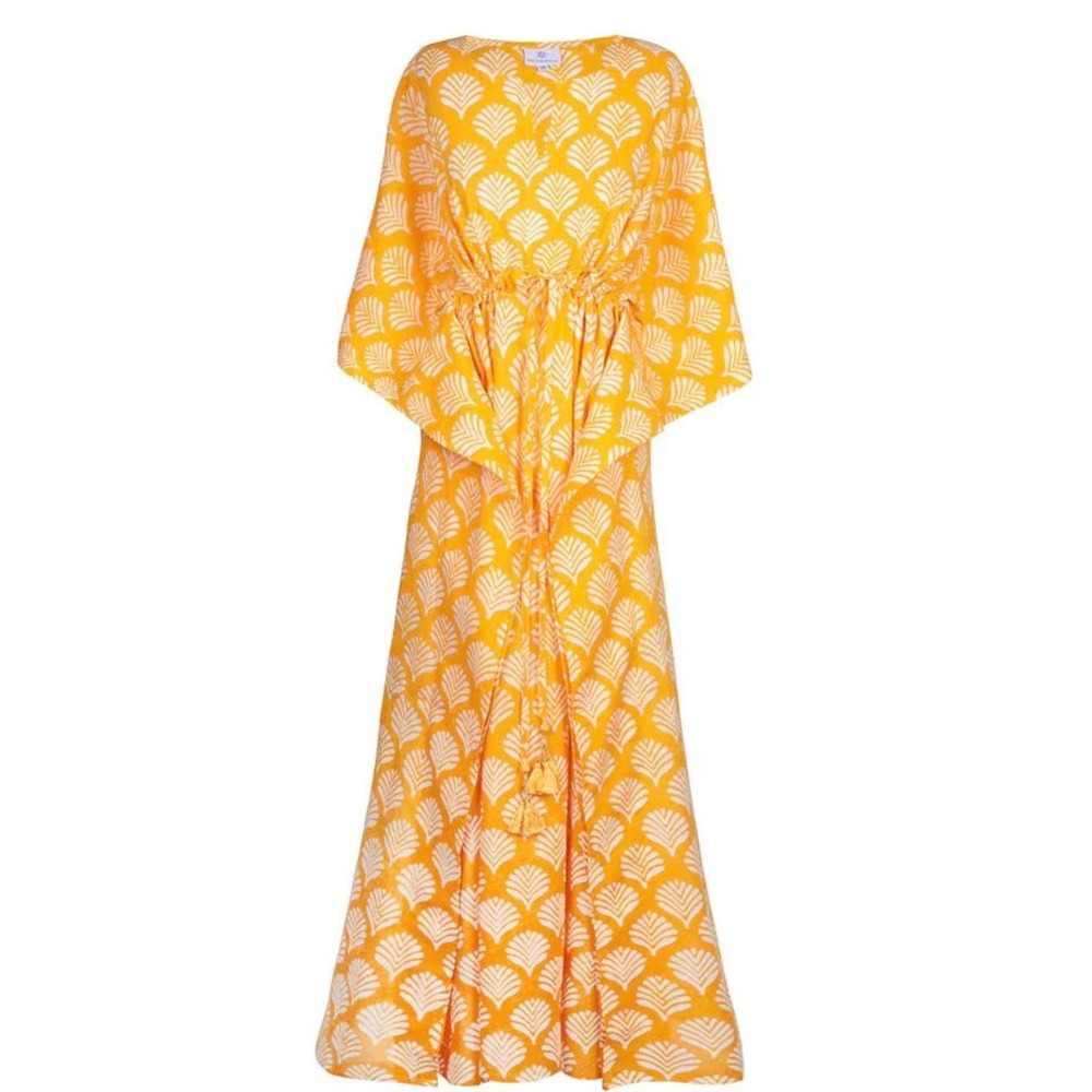 Pax Philomena Limoncello Maxi Kaftan Dress Yellow Cotton Block Print One Size - Picture 7 of 7